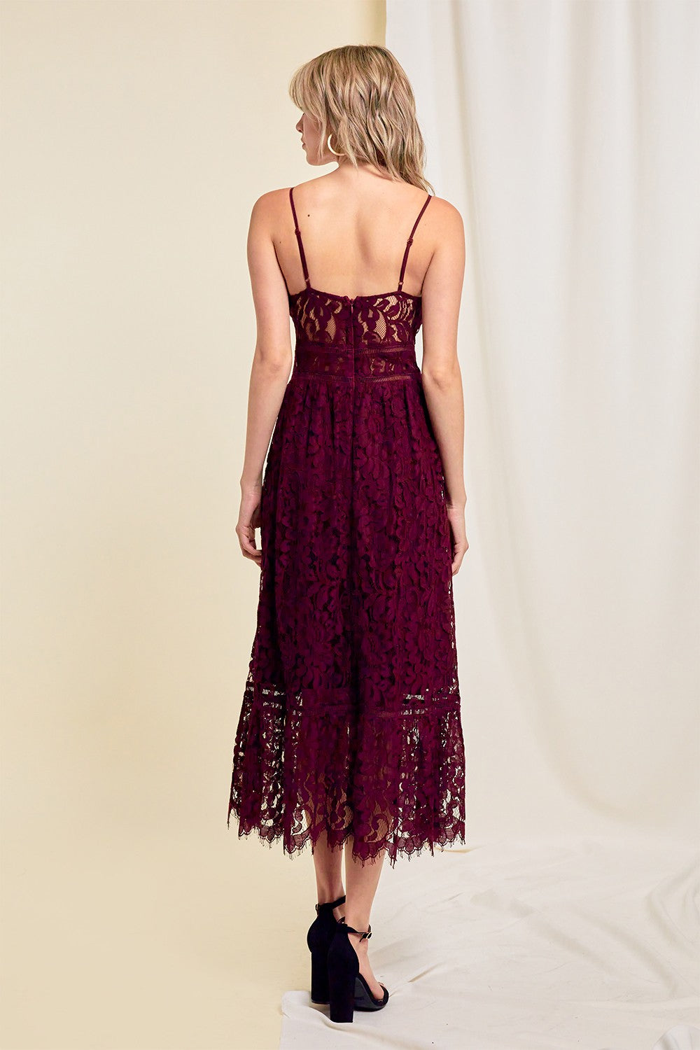 V-Neck Lace Midi Dress - Wine Moka Boutique V-Neck Lace Midi Dress - Wine Moka Boutique