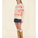 Button Front Snowflake Cardigan - Red Combo