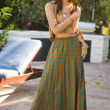 Plaid Cotton Flare Maxi Skirt - Green