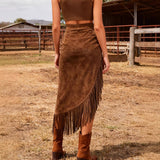 Western Fringe Hem Irregular Suede Skirt - Brown