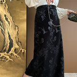 Velvet Midi Skirt With Floral Pettern - Black