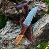 Damascus Steel Gut Hook Skinning Knife - Olive & Blk Walnut