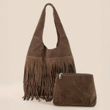 Layered Fringe Detail Suede Hobo Bag - Dark Brown