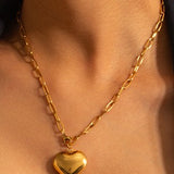 18K Gold Dipped Stainless Steel Paperclip Chain Necklace with Heart Pendant