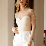 Embellisehd Mesh Pearl Long Sleeve Bodysuit - Nude