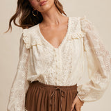 Boho Lace Embroidery Detail Top - Cream