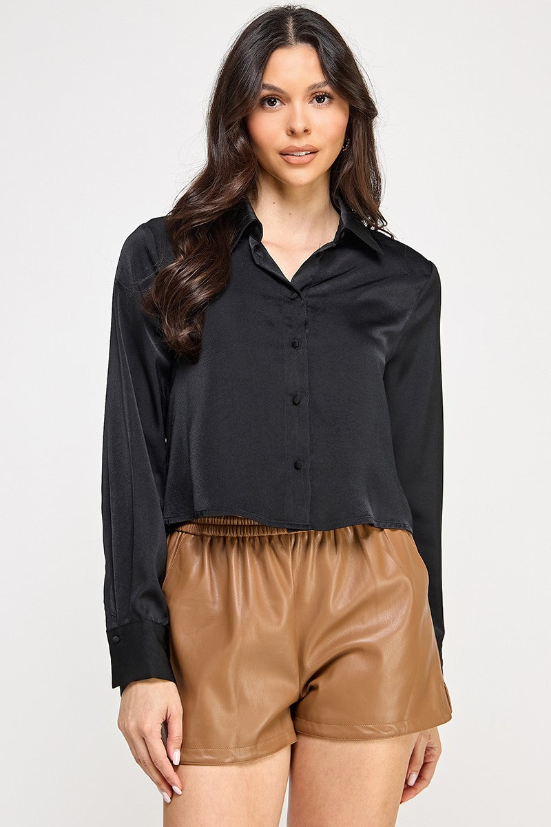Satin Cropped Button Up Blouse