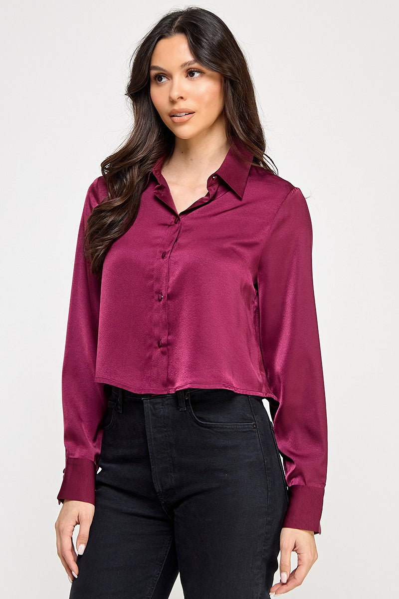 Satin Cropped Button Up Blouse