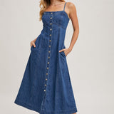 Buttondown Sleeveless Denim Midi Dress - Dark Wash