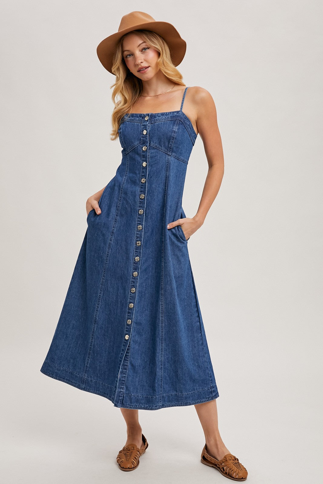 Buttondown Sleeveless Denim Midi Dress - Dark Wash