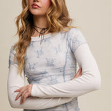 Floral Mesh Ruched Top - Slate Blue