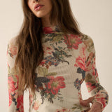 Floral-Print Mesh Mock-Neck Thumbhole Top