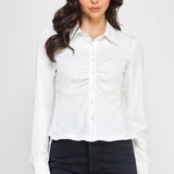 Shirred Button-Up Long Sleeve Blouse