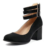 Triple Strap Mary Jane Pumps - Black Nubuck