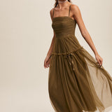 Ruched Tulle Ribbon Detail Midi Dress - Olive