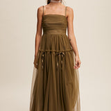 Ruched Tulle Ribbon Detail Midi Dress - Olive