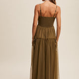 Ruched Tulle Ribbon Detail Midi Dress - Olive