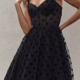 Mesh Bodice Polka Dot Midi Dress - Black