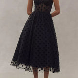 Mesh Bodice Polka Dot Midi Dress - Black