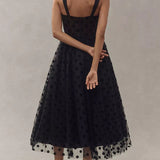 Mesh Bodice Polka Dot Midi Dress - Black