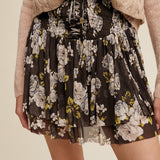 Floral Smocked Mini Skirt - Charcoal Brown
