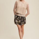 Floral Smocked Mini Skirt - Charcoal Brown