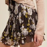 Floral Smocked Mini Skirt - Charcoal Brown