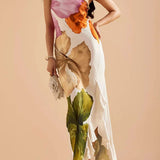 Printed One-shoulder Maxi Sundress - Rainbow
