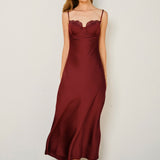Lace Trim Satin Slip Midi Dress