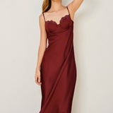 Lace Trim Satin Slip Midi Dress