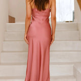 Asymmetric Satin Slip Dress - Pink