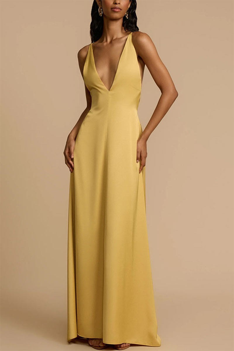 V-Neck Open Back Maxi Dress - Gold