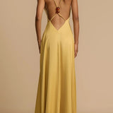 V-Neck Open Back Maxi Dress - Gold