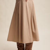 Pleated High Waist A-line Midi Skirt - Khaki