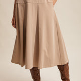 Pleated High Waist A-line Midi Skirt - Khaki