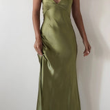 Satin Cowl Neck Slip Dress - Green