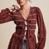 Embroidered Tie Duster Kimono - Wine