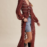 Embroidered Tie Duster Kimono - Wine