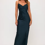 Cowl Neck Maxi Slip Dress - Dark Teal
