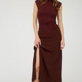 Side Slit Lightweight Midi Skirt - Brown