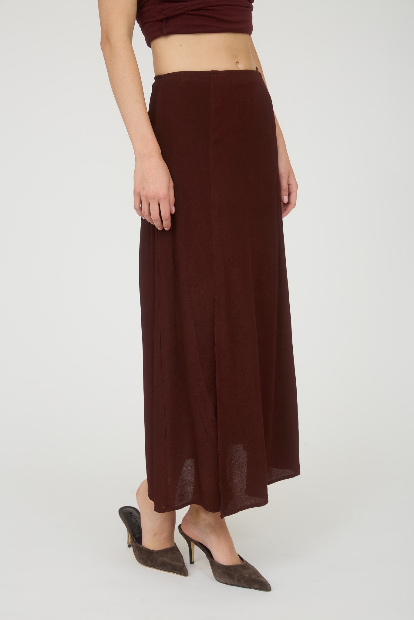 Side Slit Lightweight Midi Skirt - Brown