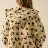Floral Sherpa Fleece Hooded Zip-up Jacket - Cream