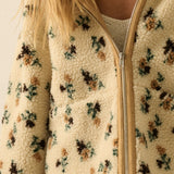 Floral Sherpa Fleece Hooded Zip-up Jacket - Cream