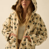 Floral Sherpa Fleece Hooded Zip-up Jacket - Cream