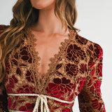 Velvet Embroidered Lace Dres - Burgundy
