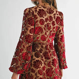 Velvet Embroidered Lace Dres - Burgundy