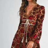 Velvet Embroidered Lace Dres - Burgundy