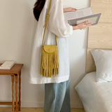 Suede-Like Microfiber Leather Crossbody Bag w/Fringe