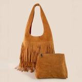Layered Fringe Detail Suede Hobo Bag - Light Brown