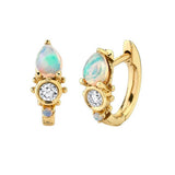 Drop Shaped Opal and Zirconia Huggie Earrings - Gold
